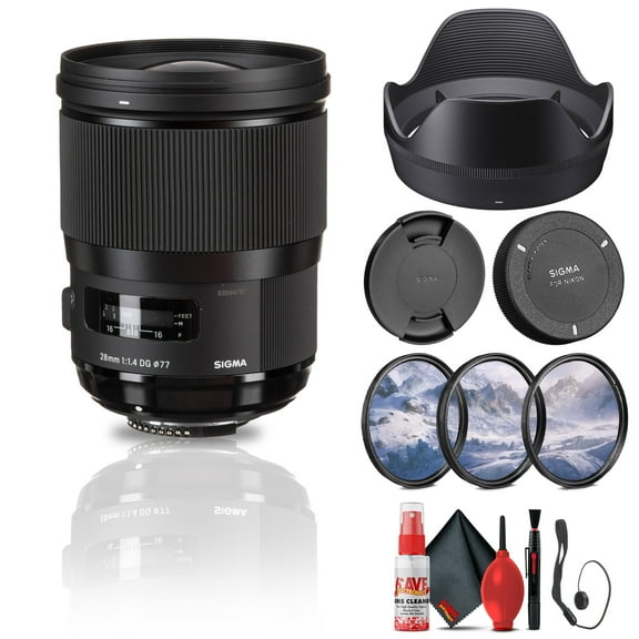 Sigma 28mm F/1.4 DG HSM Art Lens for Nikon F (441955) Bundle: Lens Hood, Front and Rear Lens Caps, 3-Piece Filter Kit, Full Cleaning Kit, Lens Cap Keeper