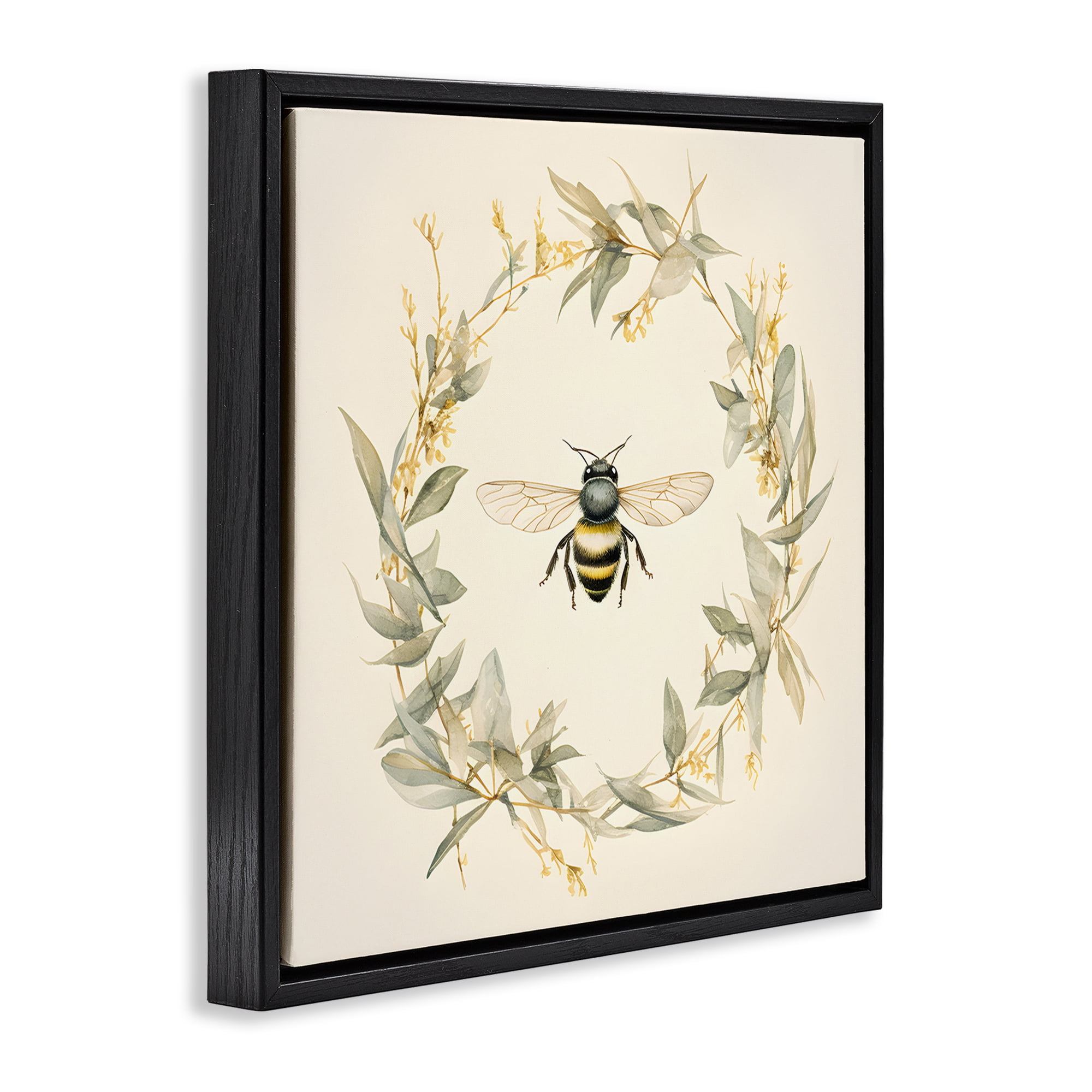 Stupell Industries Soft Bee Wreath Animals & Insects Painting Black Floater Framed Canvas Art Print Wall Art, 18 x 18