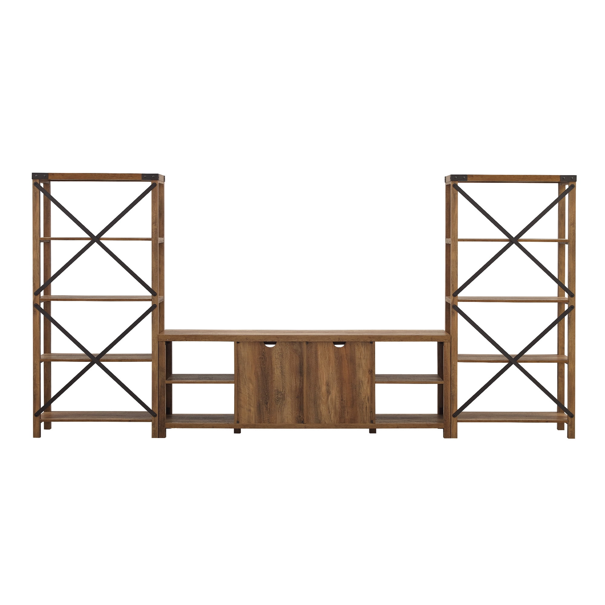 Walker Edison Rustic Industrial 3 Piece Entertainment Fireplace Wall Set, Barnwood
