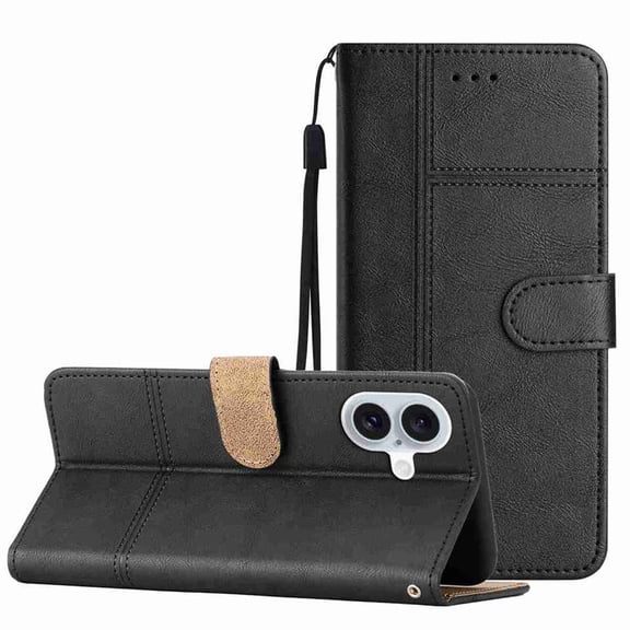 for iPhone 16 Plus Wallet Case, Rugged PU Leather Phone Cover with 2 Card Slots & Cash Pocket & Wrist Strap & Kickstand Shockproof Soft TPU Protective Case, Black
