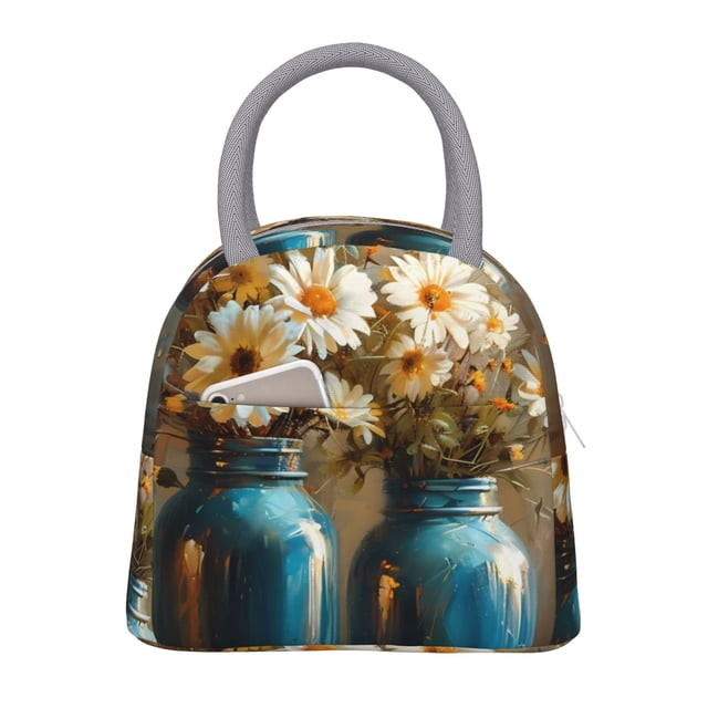 Fotbe Rustic Daisy Mason Jars Bolsa de Almuerzo con Estampado, Lonchera Aislada, Contenedor de Comida Reutilizable Tipo Cooler a Prueba de Fugas