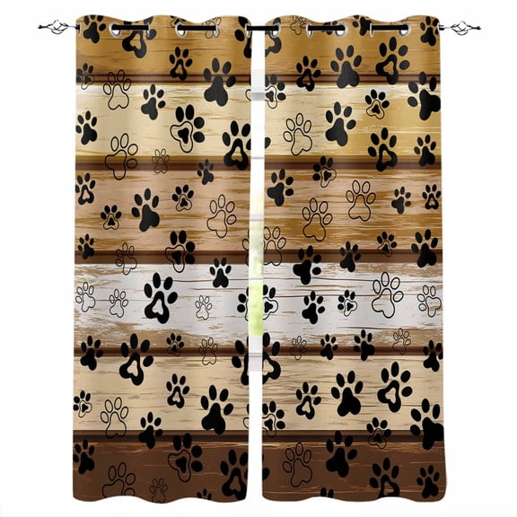 Brown Cat Paw Print Blackout Curtains 45 Inches Long for Bedroom,Vintage Farmhouse Country Wooden Grain Thermal Insulated Room Darkening Black Out Window Curtain Panels Grommet Drapes for Living Room