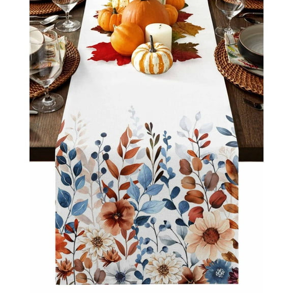 Fall Table Runner Thanksgiving Orange Floral Eucalyptus Leaves Table Runners Autumn Leaf Branch Cotton Linen Dresser Scarf Kitchen Dining Table Decor for Fall Holiday Party Decor 13x36 Inch