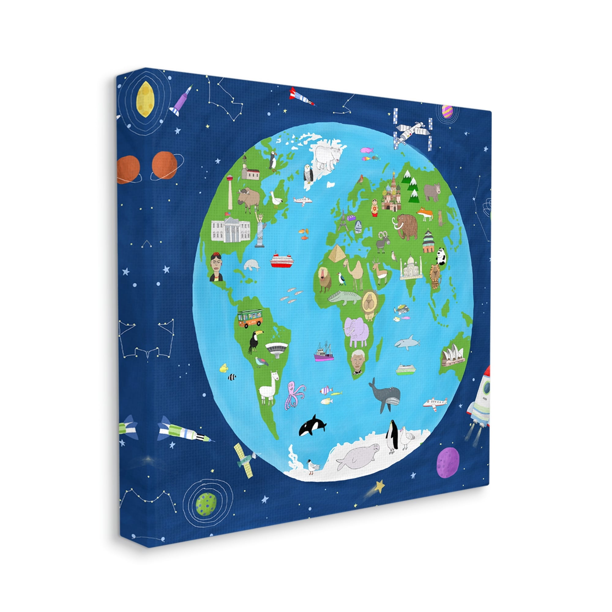 Stupell Industries Children's Earth and Outer Space Map Animals Stars, 30 x 30,Design by Carla Daly