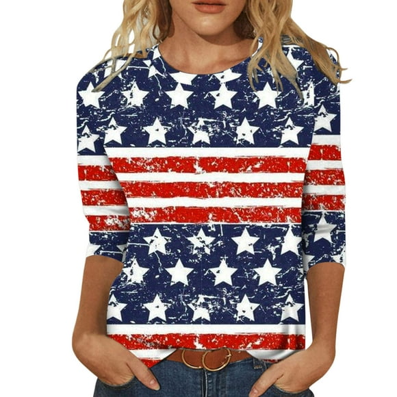 4th of July 3/4 Sleeve Shirts for Women Summer American Flag Tops Womens Patriotic Casual Crewneck Striped Stars Tees