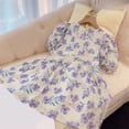 thumbnail image 5 of Baby Girl Dress Summer Ruffle Short Sleeve Round Neck Purple Floral Pattern Dress Daily Wear School Travel Vacation Flowy Beach Dress,Size 7Y, 5 of 6