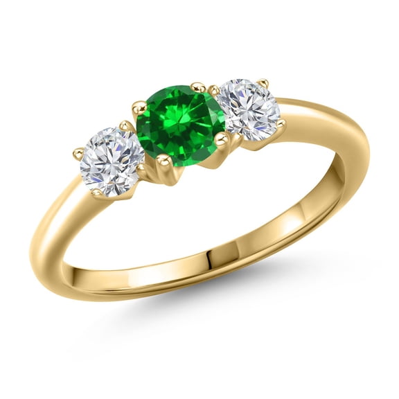 Gem Stone King 10K Yellow Gold Green Created Emerald and Lab Grown Diamond Engagement Ring for Women | 1.38 Cttw | Round 5MM | Gemstone May Birthstone | Size 6