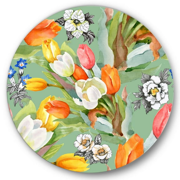 Designart 'Blooming Orange and White Tulips II' Traditional Circle Metal Wall Art 36x36 - Disc of 36
