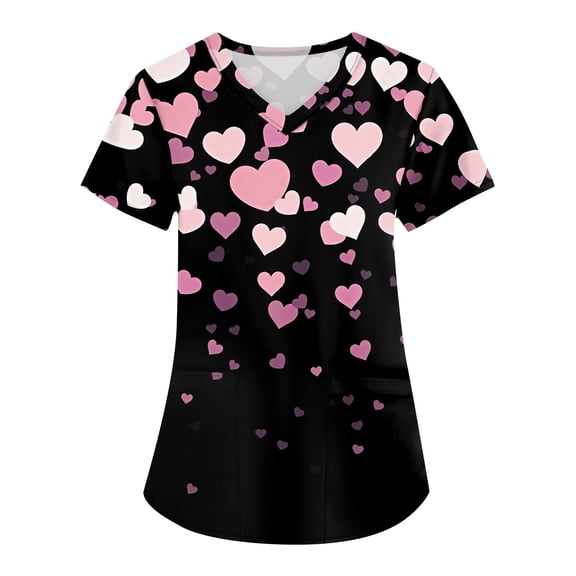 Garbnen Valentine Scrub Top Heart Print V Neck Short Sleeve Nurse Uniform Spring Winter Womens Work Clothes S-5XL with Pocket