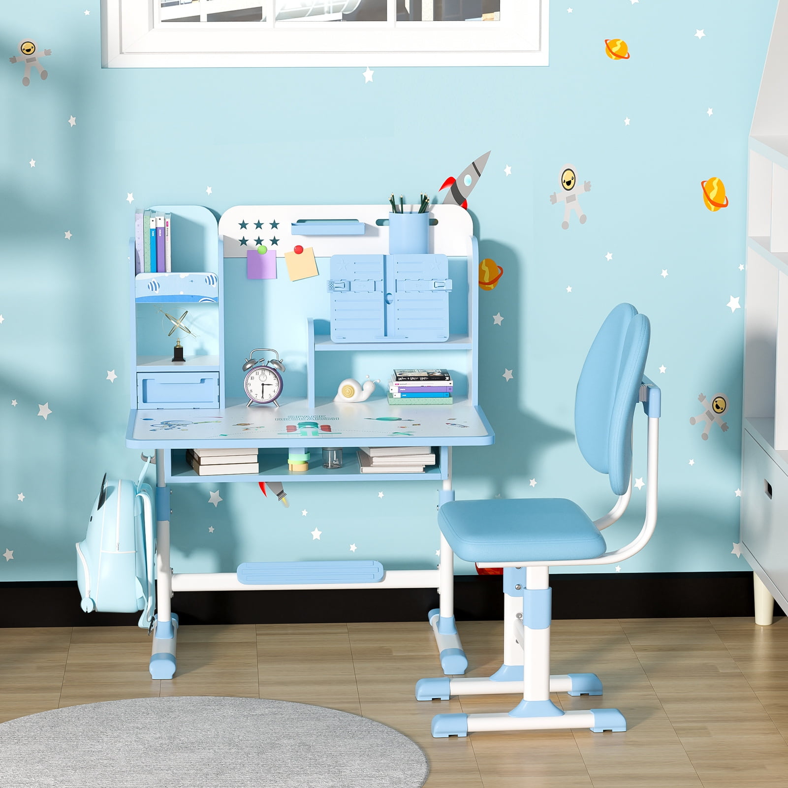 ziertyon 2-Piece Kids Study Desk and Chair Set, Height Adjustable School Table with Ergonomic Design, Book Stand, Foot Pedal, (Blue)