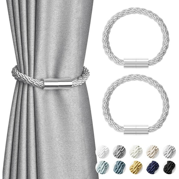 2 Pack Mini Magnetic Curtain Tiebacks Modern Simple Style Drape Tie Backs Elegant Decorative Weave Rope Curtain Holdbacks for Home & Office Thin Window Draperies (Light Grey)