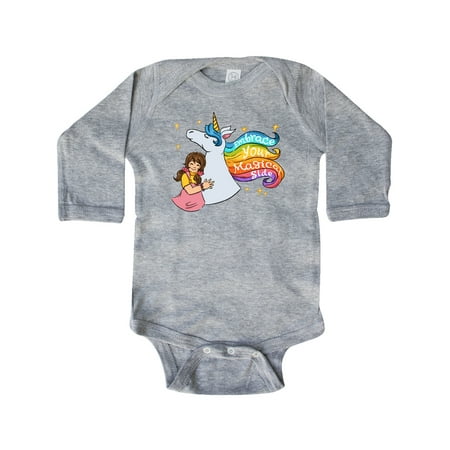 

Inktastic Embrace Your Magical Side Girl Hugging A Unicorn Gift Baby Boy or Baby Girl Long Sleeve Bodysuit