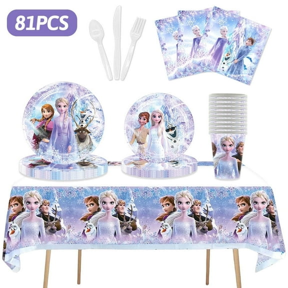 81PCS Party Decorations Tableware Set Birthday Party Supplies,Disposable Paper Plates and Napkins Cups Tablecloth Knives Spoons Fork for Princess Party Favor