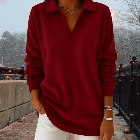 Uootdi Women's Velvet Clothing V-Neck Solid Color Long Sleeve Shirts Retro Casual Loose Fit Pullover Fall Trendy Cozy Soft Warm Sweatshirt Gift
