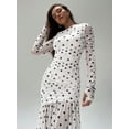 thumbnail image 5 of Black And White Polka Dot Ruched Mesh Long Sleeve Maxi Dress With Pleated Waist, 5 of 8