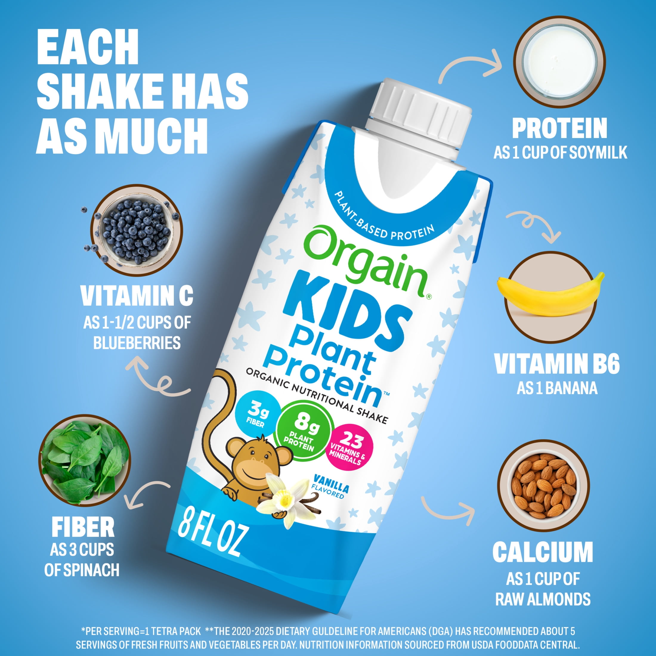Orgain Organic Kids Nutritional Vegan Protein Shakes, Vanilla, 8 Fl Oz, Pack of 12
