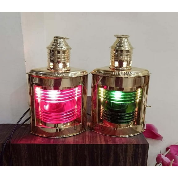 Vintage Brass Electric Green/Red Lamp Maritime Ship Lantern Boat Light Home Decorative Port & Starboard Lanterns Maritime (Set of 2) Rustic Vintage Home Decor Gifts