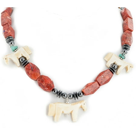 Natural Sponge Coral Necklace - Carved Fetish $300 Retail Tag Horse Authentic Made by Charlene Little Navajo .925 Sterling Silver Bone Natural Turquoise Coral Hematite Native American Necklace