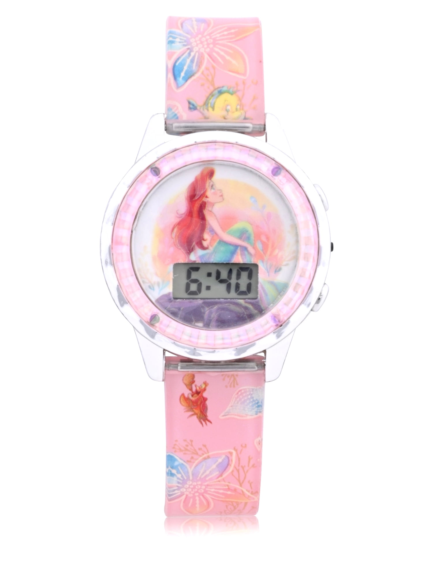 Disney Princess Ariel Girls Flashing LCD Pink Ombre Silicone Watch, Bracelet and Hair Accessory 3 Piece Set