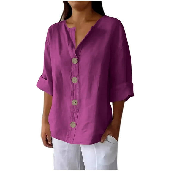 Hueook Button Down Shirts for Women's Solid Color V-neck Quarter 3/4 Sleeve Loose and Linen Button Up Purple L