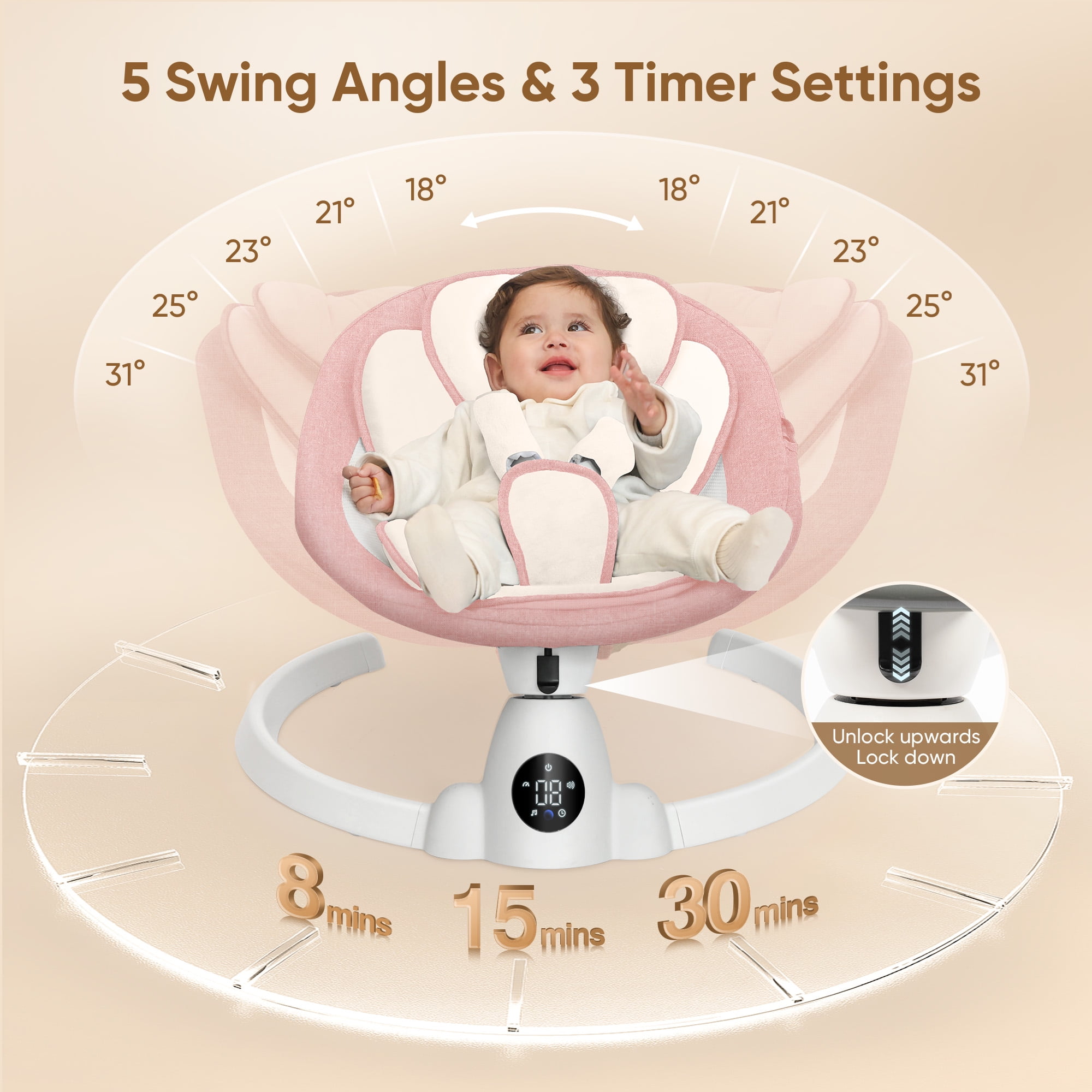 Babyeap Baby Swing for Infants - Smart Electric Swing with Bluetooth Control 5-point Harness,5 Sway Speed,10 Lullabies(Pink)