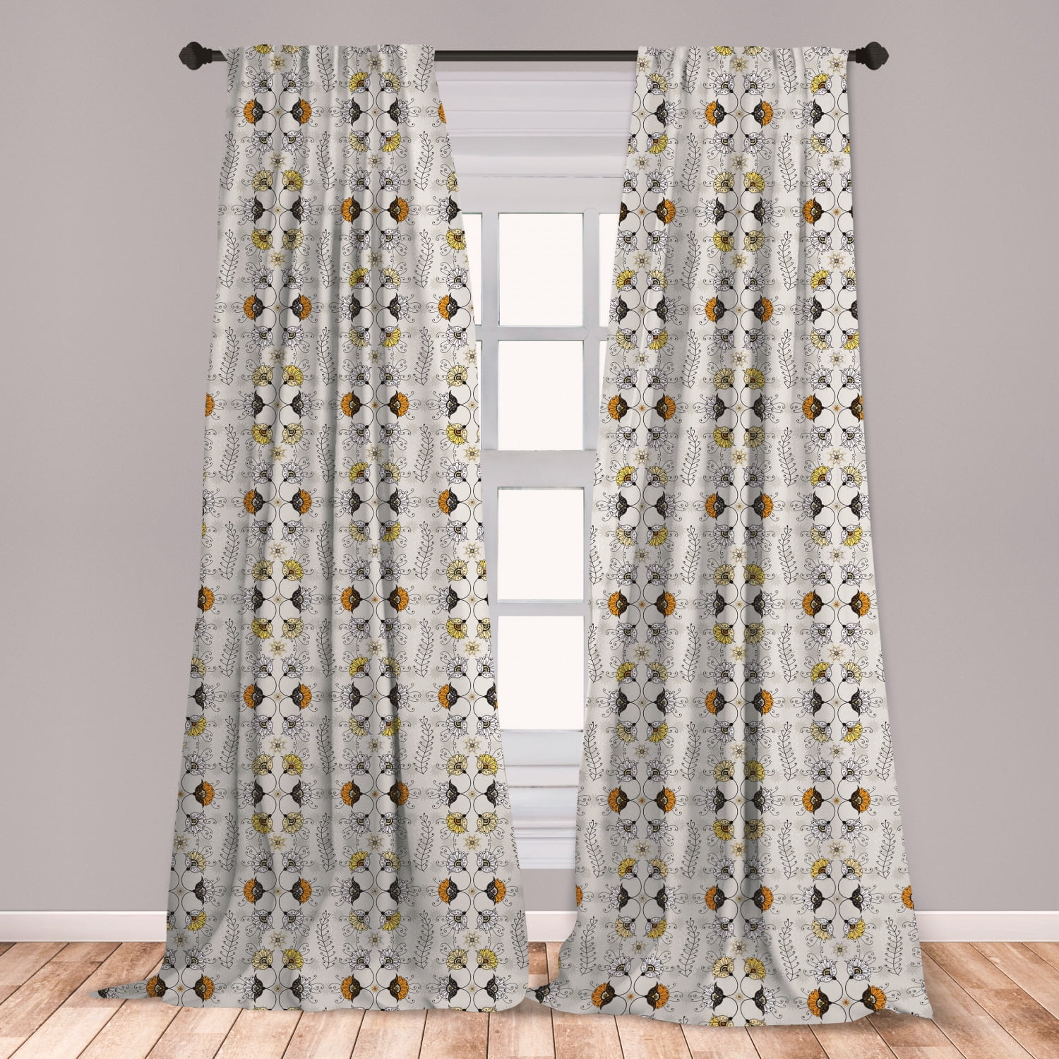 Grey and Yellow Curtains 2 Panels Set, Paisley Style Flowers Ivy Swilrs