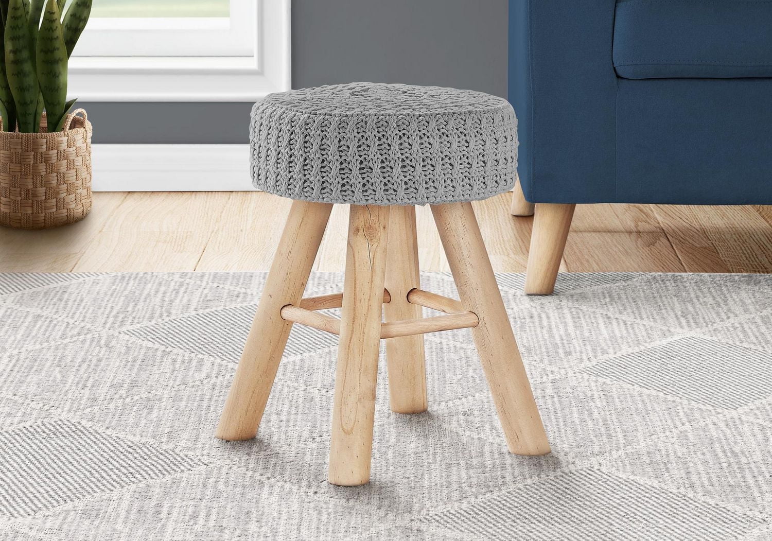 Monarch Specialties Ottoman, Pouf, Repose Pieds, Tabouret, 12" Rond, Velours, Pattes En Bois, Gris, Naturel, Contemporain, Moderne