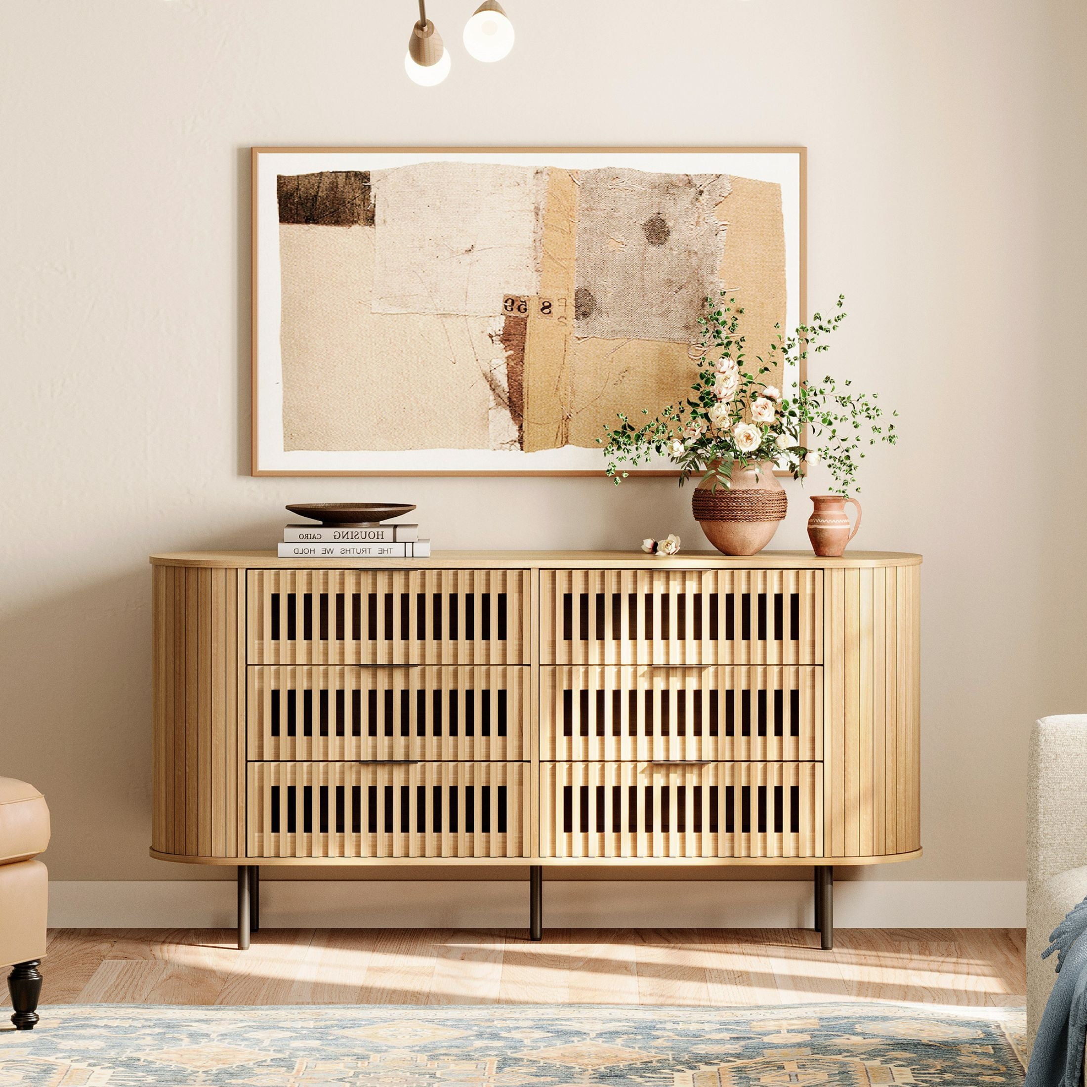 WAMPAT Fluted 6 Drawer Double Dresser, Modern Storage Cabinet, Wood Chest of Drawers for Living Room, Bedroom, Oak