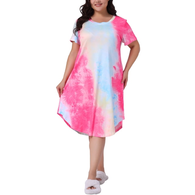 Camisones de mujer de tallas grandes Agnes Orinda, pijamas de cuello redondo, manga corta, con diseño de teñido anudado, ropa de dormir suave, vestido midi para estar en casa 2X color rosa intenso