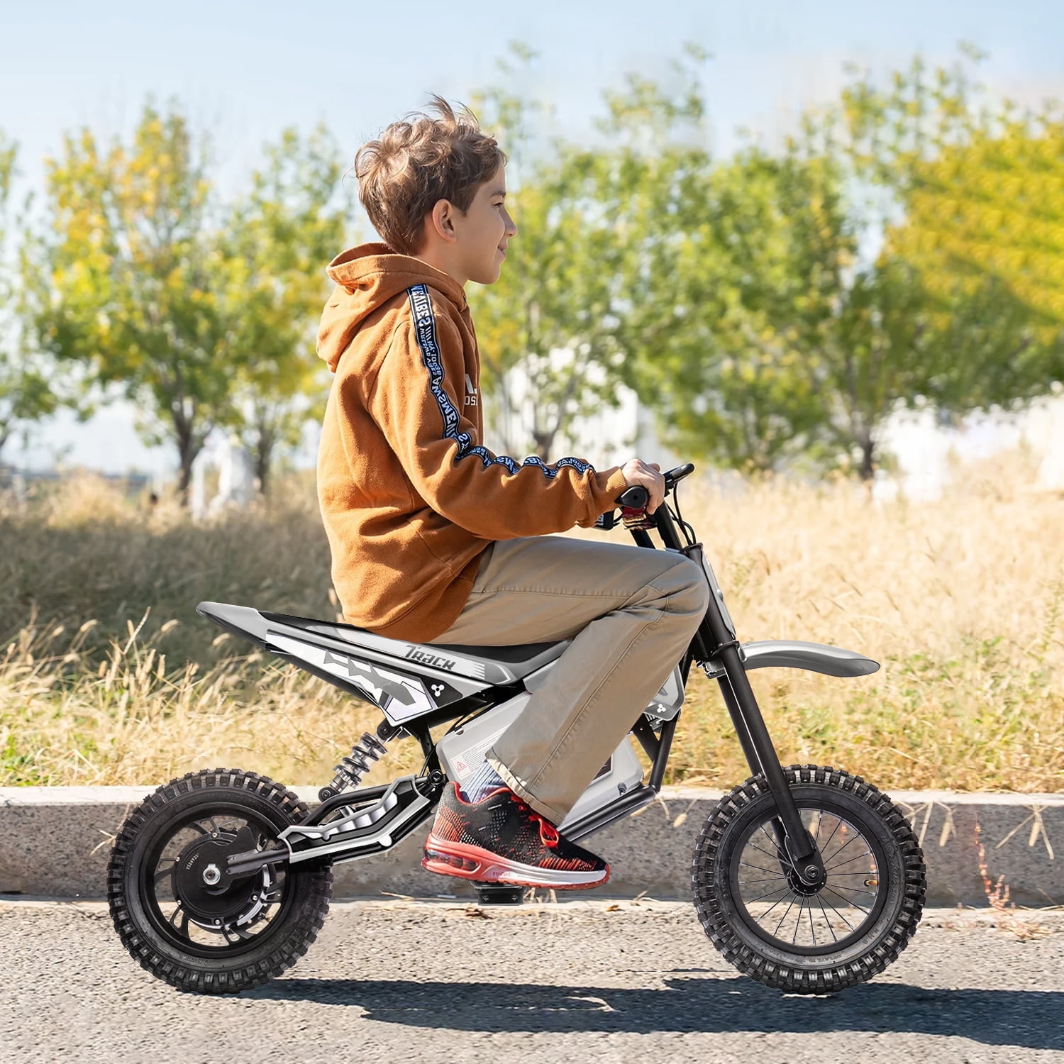 Track Seven 24V Electric Dirt Bike, 250W Ride on Motorcycle with Twist Grip Throttle, Hand-Operated Dual Brakes, Speed Up to 10 MPH, for Age 8-12, White
