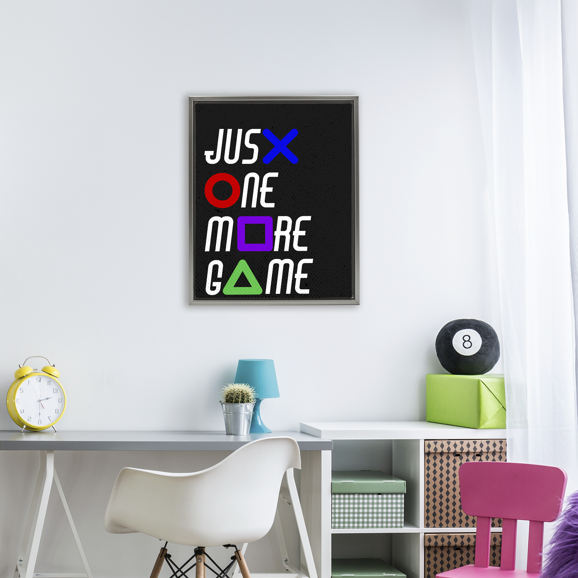 One More Game with Symbols Gray Framed Floater Canvas Wall Art, design by Kim Allen