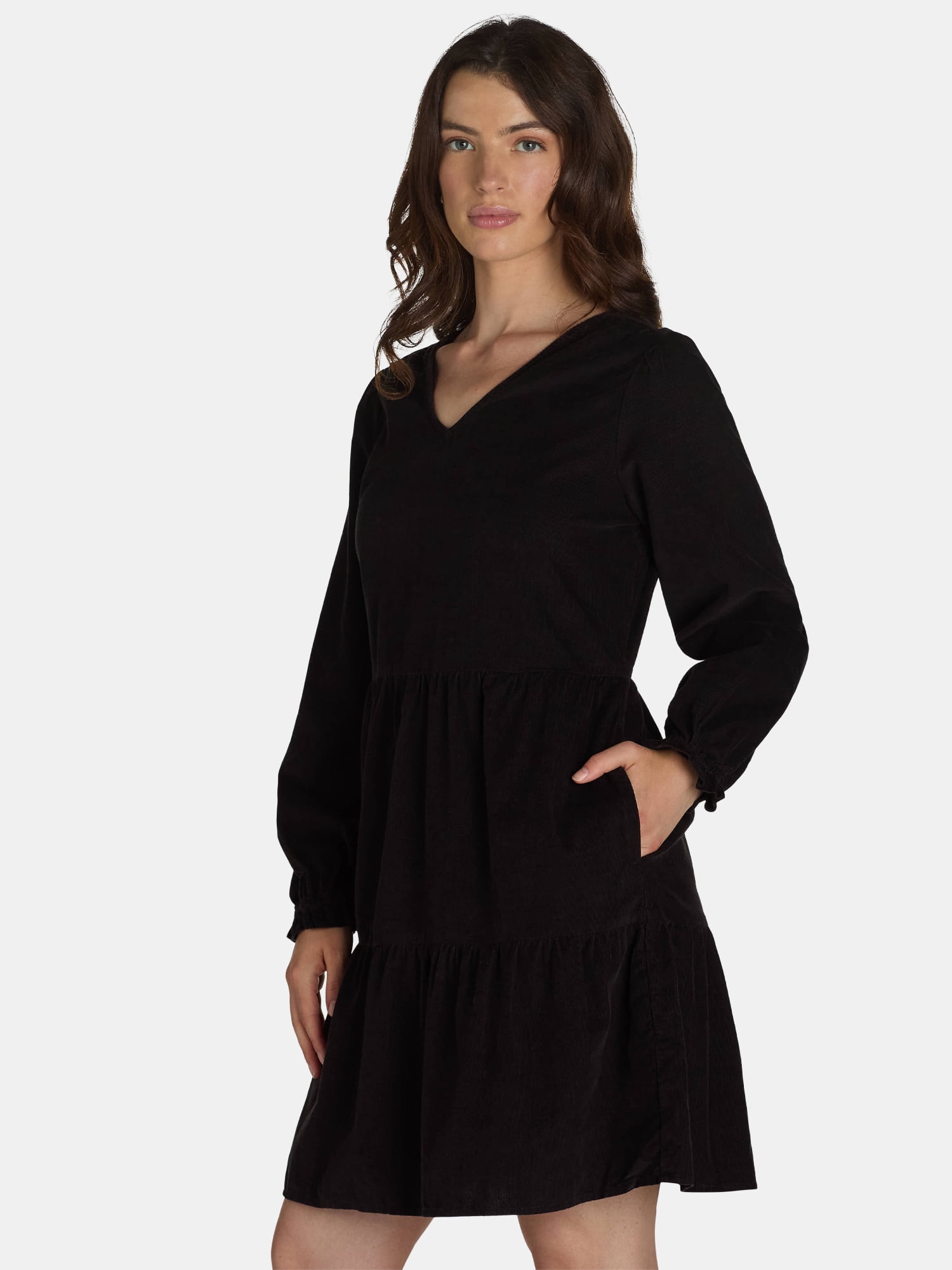 Time and Tru Women's Tiered Corduroy Dress with Long Sleeves, Sizes XS-XXXL