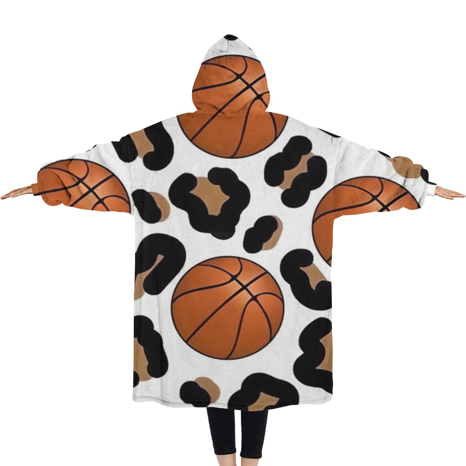 Oversized Wearable Blanket Hoodie,White Leopard Basketballs Pattern Sherpa Blanket Hoodie with Super Pockets,Super Warm Fuzzy Pullover for Women & Men