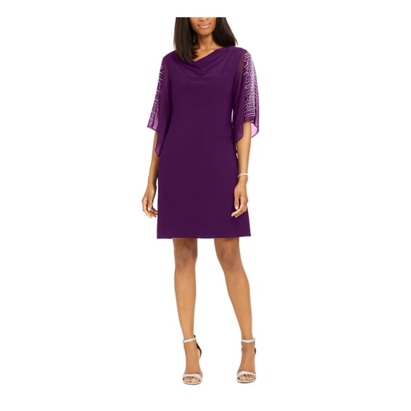 MSK Robe Fourreau de Soirée pour Femmes Violette Extensible Perlée Manches 3/4 Fendues Non Doublée Col Bénitier au-Dessus du Genou m