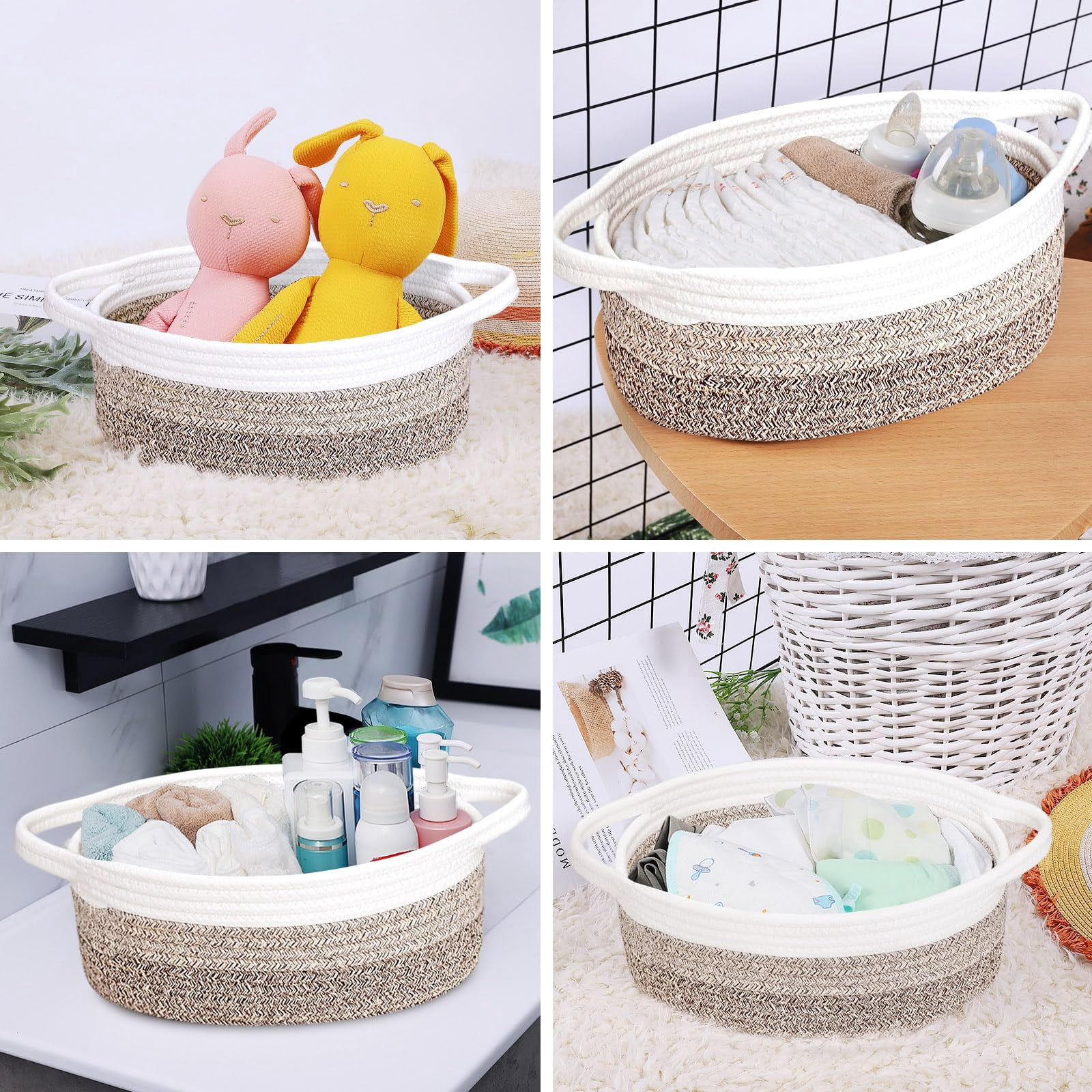 Soft Rope Woven Storage Basket with Handles, Compact Decorative Organizer Bin for Dog & Cat Toys, Shelf Storage & Easter Gift Basket