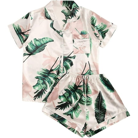

Pajamas Womens Short Sleeve Palm Leaf Print Sleepwear Soft Satin Button Down