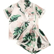 Women's Notch Collar Palm Leaf Print Sleepwear Two Piece Pajama Set