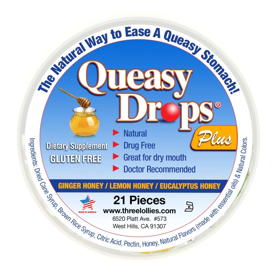 Three Lollies Queasy Drops Plus Drops, Nausea Relief, 21 Count