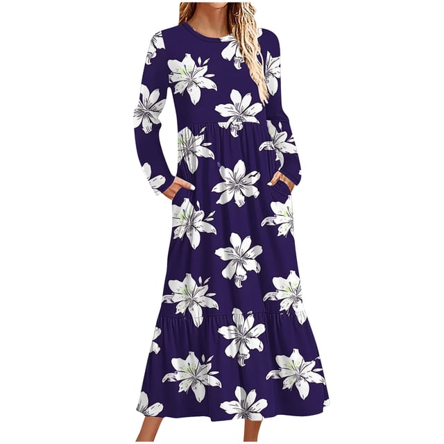 Robe Décontractée Imprimée à Manches Longues et Col Rond pour Femmes