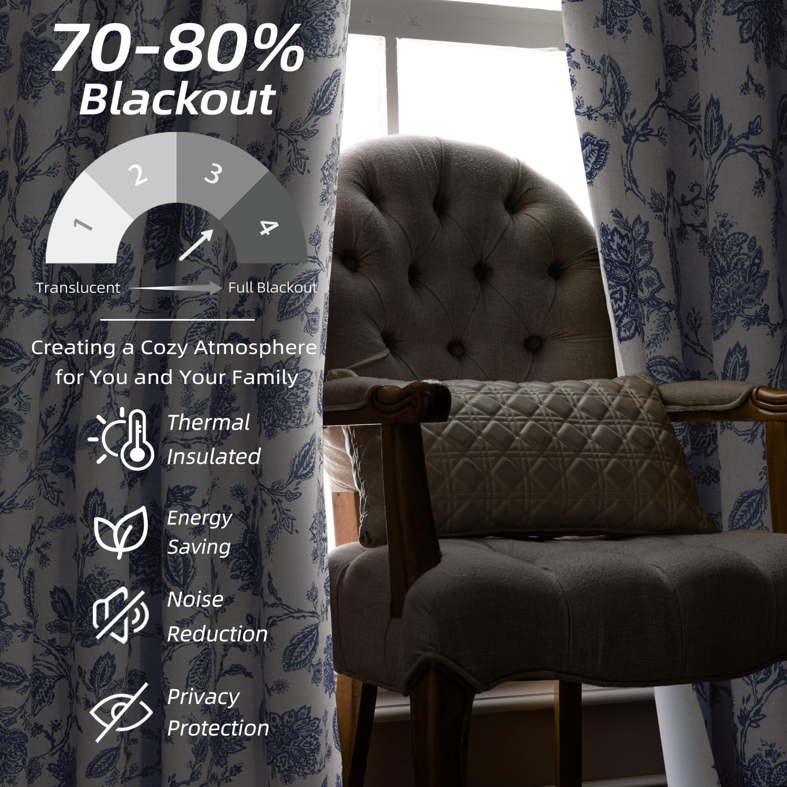 DriftAway Linen Floral Paisley Navy Blackout Curtains for Living Room Bedroom 72 Inch Length 2 Panels Lined Grommet Window Drapes Thermal Farmhouse Country Jacobean Curtains