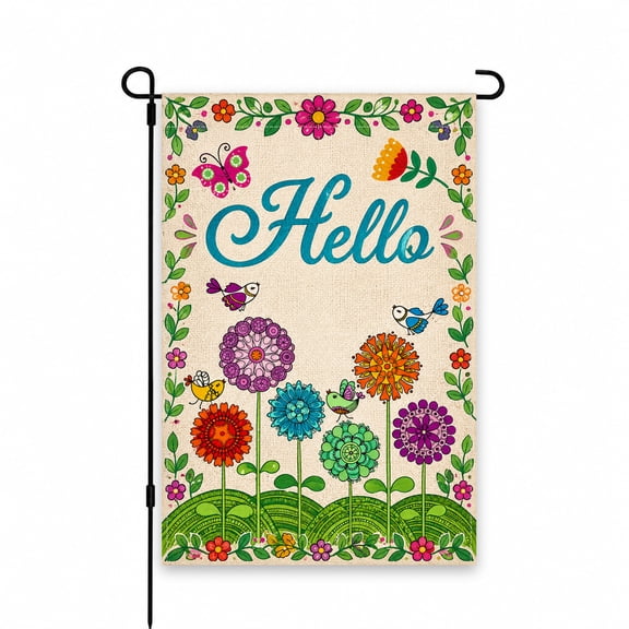 Colorful Flowers & Birds "Hello" Garden Flag 12 x 18 Inch – Spring Floral Decor for Yard, Lawn, Patio, or Porch – Bright Outdoor Decorative Flag