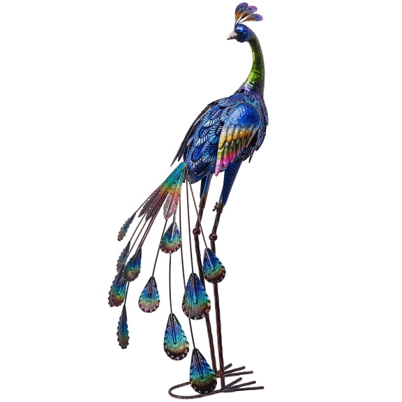 TERESA'S COLLECTIONS Outdoor Decor Peacock Yard Art Garden Sculptures & Statues for Porch Decor,35'' Blue Large Metal Bird Garden Decor for Outside, Yard Decorations Outdoor for Patio,Gifts for Mom