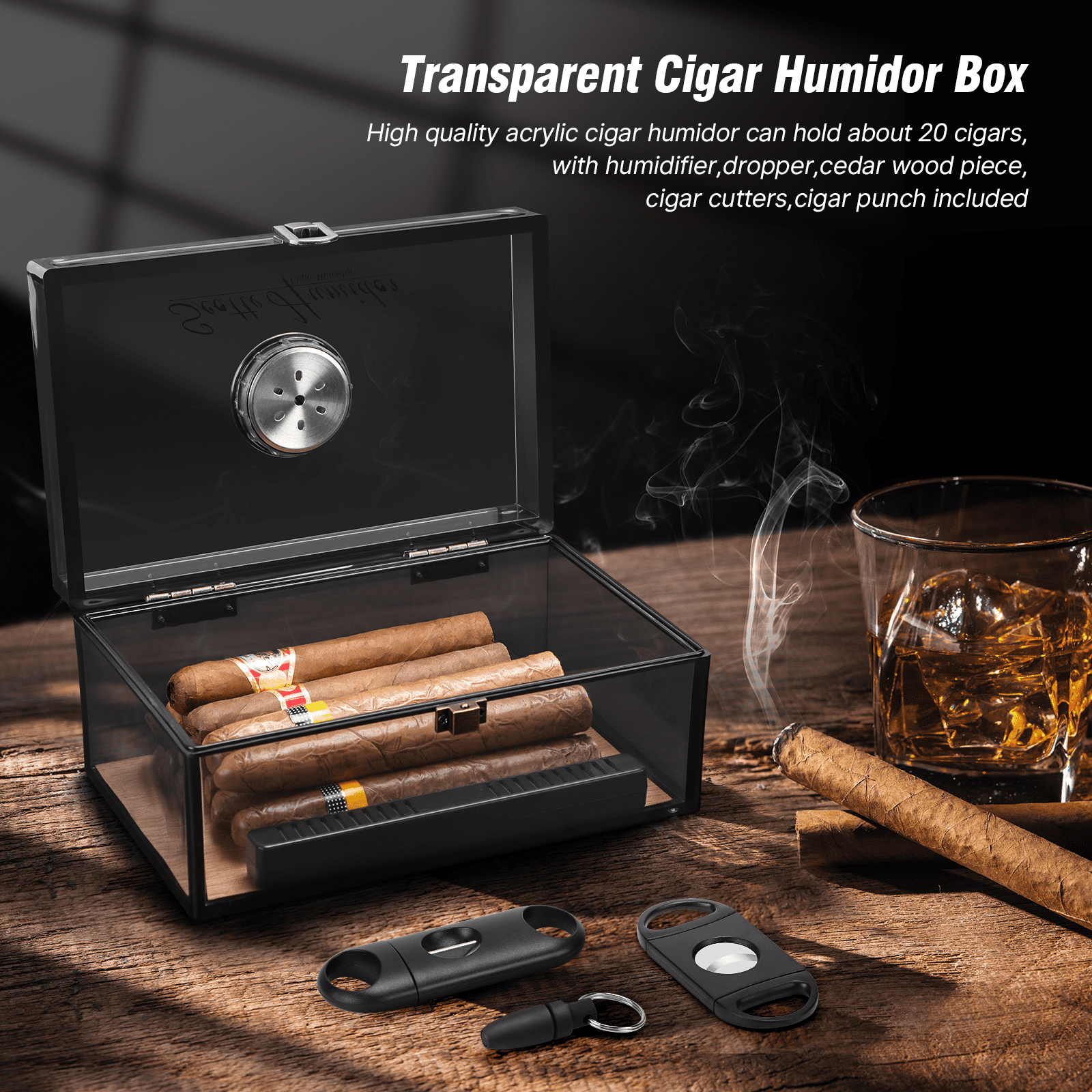 Acrylic Cigar Humidors Cigar Storage Box with Hygrometer and Humidifier, Portable Cigar Travel Case with Cigar Cutters Cigar Punch Accessories,Hold 20 Cigars