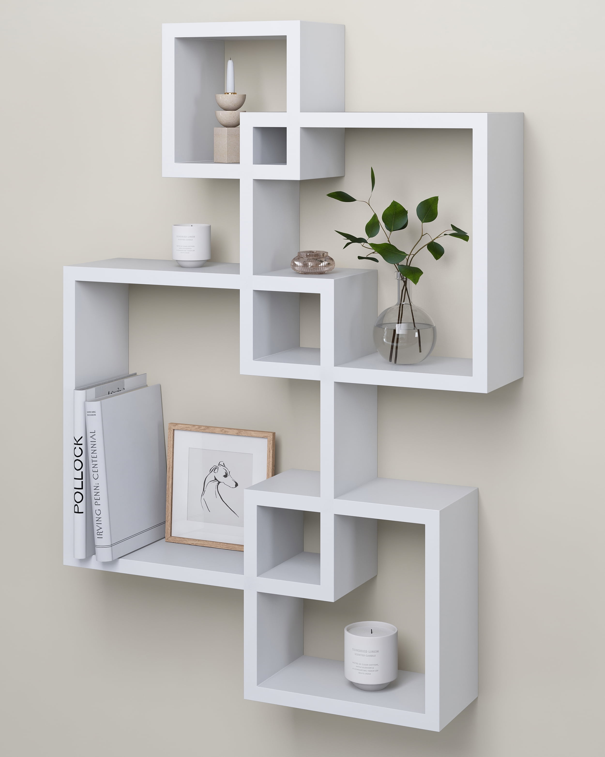 Greenco Decorative Wall Shelving 4 Cube Wall Shelf Intersecting Wall