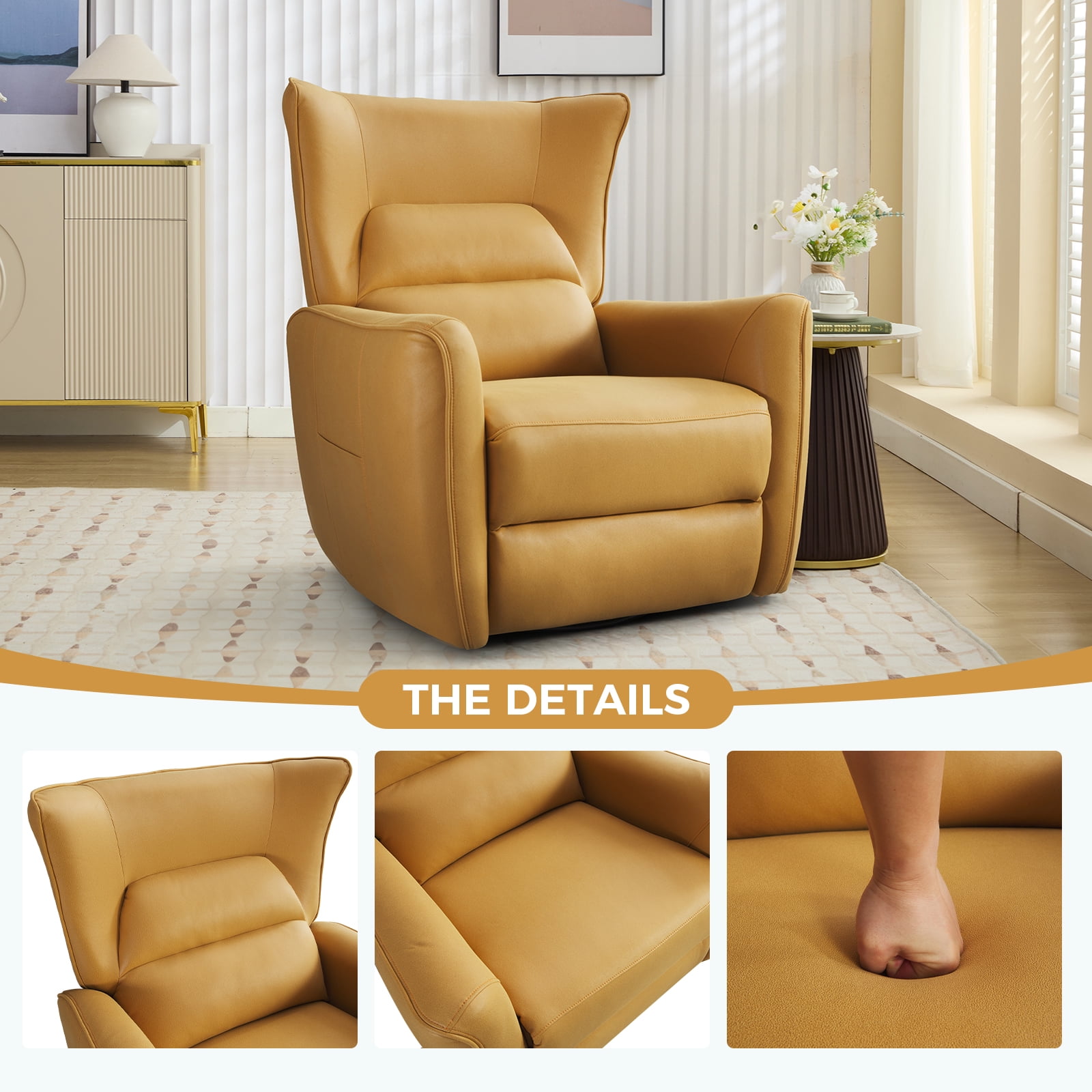 Bonzy Home Swivel Rocker Recliner Power Electric Recliners with Highly Enveloping Backrest Rocking Recliner Chair Leathaire Reclining Sofa for Living Room, Yellow