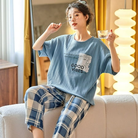 

QWZNDZGR Summer Knitted Cotton Cartoon Pajamas Sets Women Pyjamas Sleepwear Nightwear Pijama Mujer Plus Size Calf-Length Pants Homewear