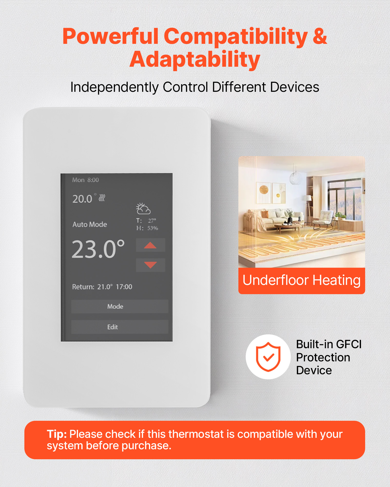 VEVOR 7-Day Programmable Thermostat, Home Thermostats for Radiant Underfloor Heating Cable,Heat Pump with GFCI & Sensitive Sensor,TFT Color Display Touchscreen,Efficient,Gray-White (Without Wifi)
