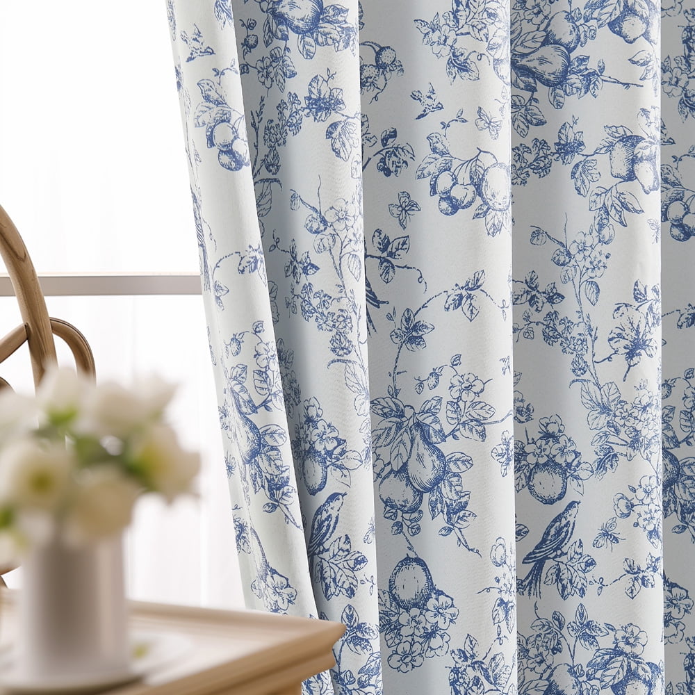 CURTAINKING Blackout Curtains 63 Inches Long, Printed Floral French Farmhouse Curtains for Bedroom Living Room Back Tab Thermal Insulated Window Drapes, 2 Panels Blue