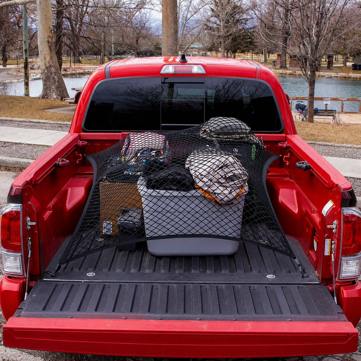 Heavy Duty Elastic Cargo Net 4'x4' (Stretches to 7'x7') , Double Layer Truck Bed Mesh Organizer for Pickup, SUV, ATV , Secures Luggage, Tools, Camping Gear , Weatherproof Bungee Tie Down Net
