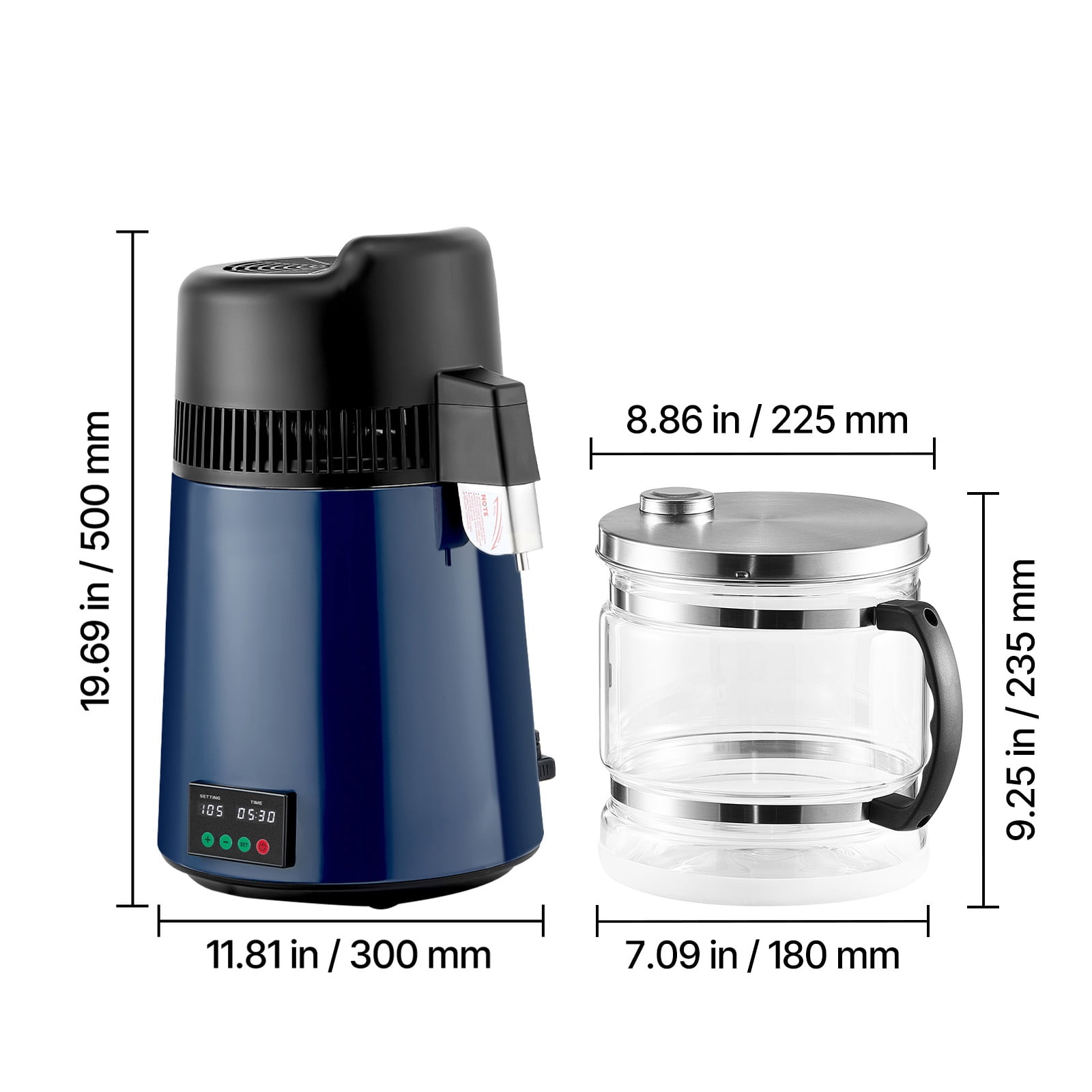 KFFKFF 6L 1.6 Gallon Water Distiller, Countertop Pure Water Purifier with 900W Power, Glass Container, Stainless Steel Design for Home Use, Blue-Black